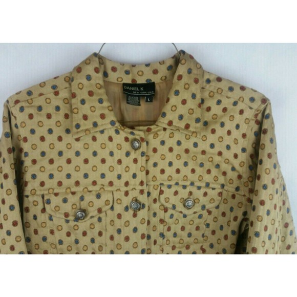 Daniel K Woman's (L)  Gold Jacket with Blue/Red/Yellow Dots-Trucker Jacket Style - Picture 2 of 9